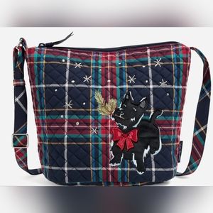 NWT Vera Bradley Quilted Scottie Dog Bucket Crossbody Bag Navy Blue Plaid